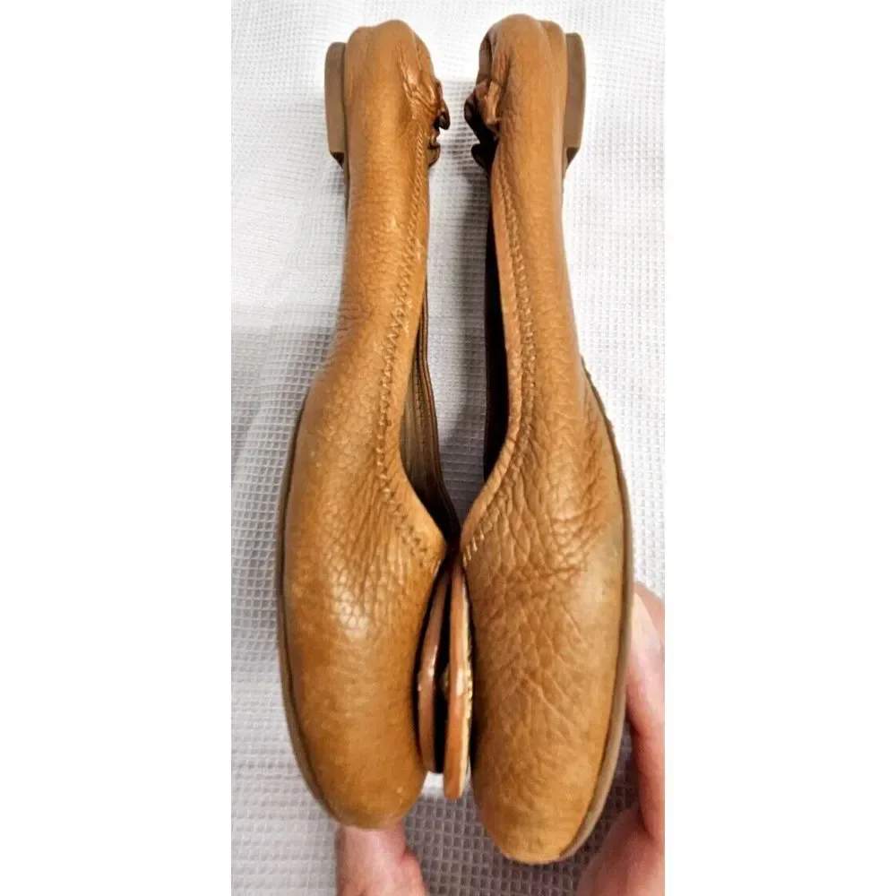 TORY BURCH Minnie travel ballet flat camel pebbled all leather upper woman Sz 6M